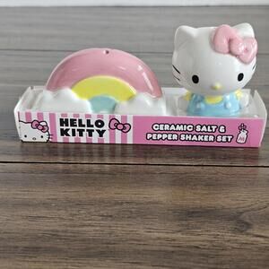 Hello Kitty & Rainbow Ceramic Salt & Pepper Shaker Set Pink Bow Sanrio NWT